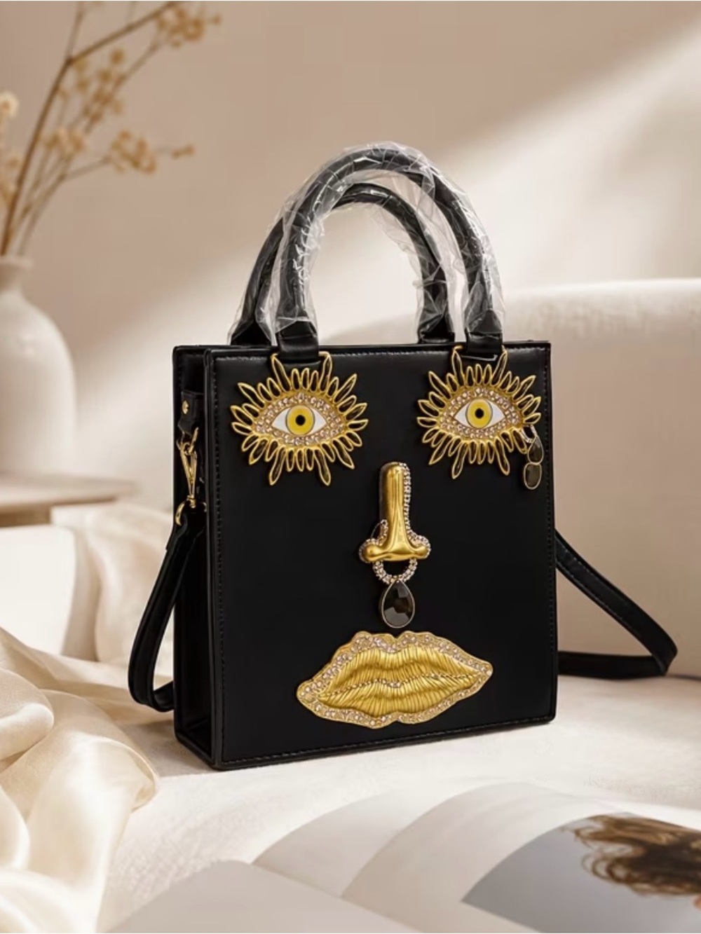 Schiaparelli Inspired Black Women's Leather Face-Applique Tote Bag